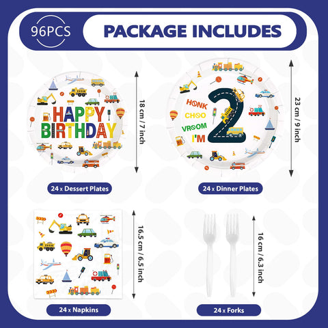 96 Pcs Cars 2nd Birthday Party Plates and Napkins - Grencian