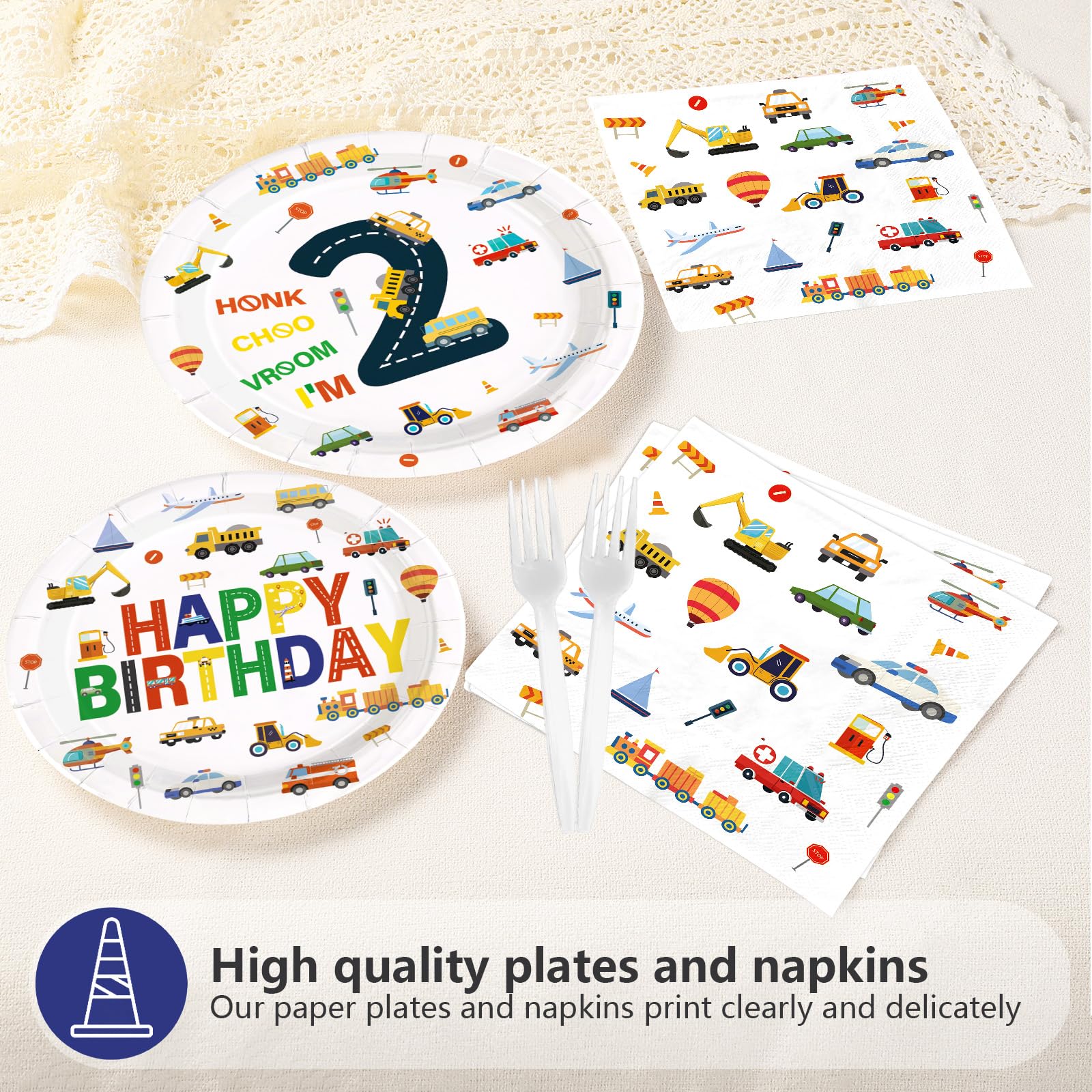96 Pcs Cars 2nd Birthday Party Plates and Napkins - Grencian