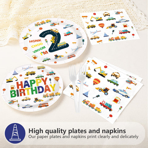 96 Pcs Cars 2nd Birthday Party Plates and Napkins - Grencian