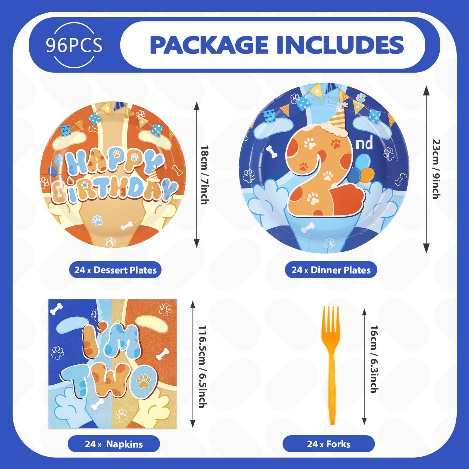 96 Pcs Cartoon 2nd Birthday Party Plates and Napkins - Grencian