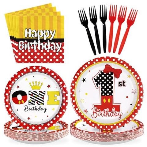 96 Pcs Cartoon Mouse 1st Birthday Party Plates and Napkins - Grencian