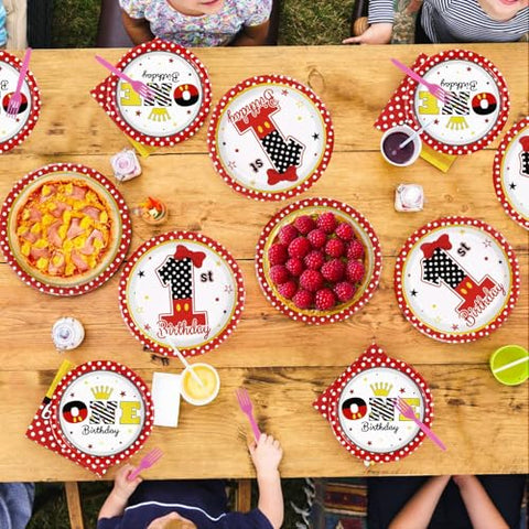 96 Pcs Cartoon Mouse 1st Birthday Party Plates and Napkins - Grencian