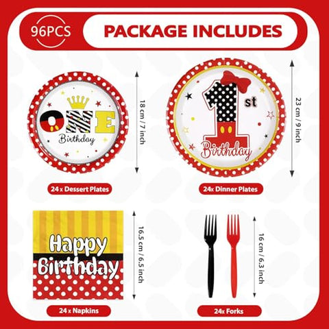 96 Pcs Cartoon Mouse 1st Birthday Party Plates and Napkins - Grencian
