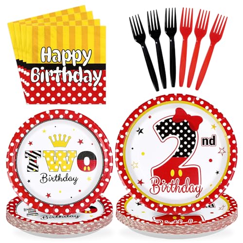 96 Pcs Cartoon Mouse 2nd Birthday Party Plates and Napkins - Grencian