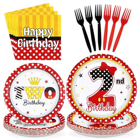 96 Pcs Cartoon Mouse 2nd Birthday Party Plates and Napkins - Grencian