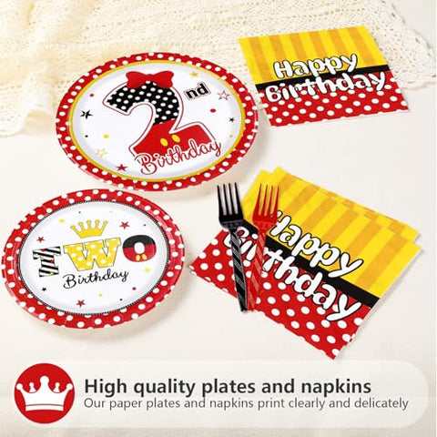 96 Pcs Cartoon Mouse 2nd Birthday Party Plates and Napkins - Grencian