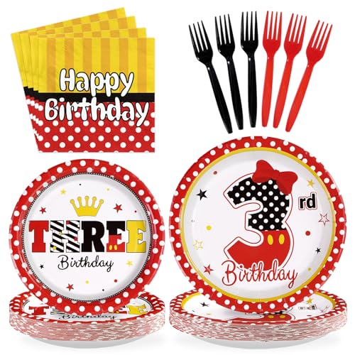 96 Pcs Cartoon Mouse 3rd Birthday Party Plates and Napkins - Grencian