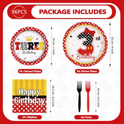 96 Pcs Cartoon Mouse 3rd Birthday Party Plates and Napkins - Grencian
