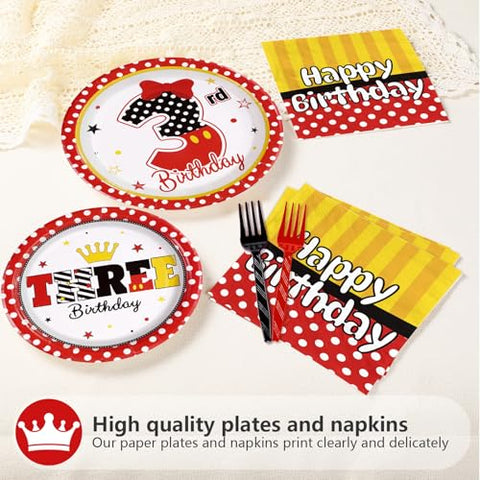 96 Pcs Cartoon Mouse 3rd Birthday Party Plates and Napkins - Grencian