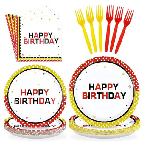 96 Pcs Cartoon Polka Dot Birthday Party Plates and Napkins - Grencian