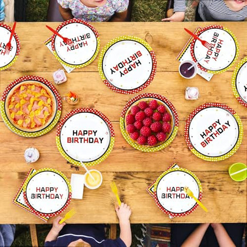96 Pcs Cartoon Polka Dot Birthday Party Plates and Napkins - Grencian