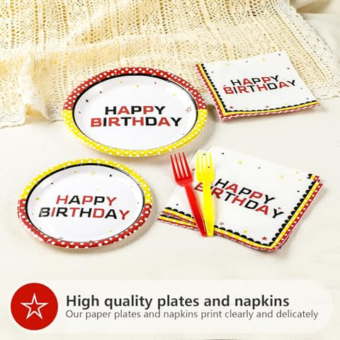 96 Pcs Cartoon Polka Dot Birthday Party Plates and Napkins - Grencian