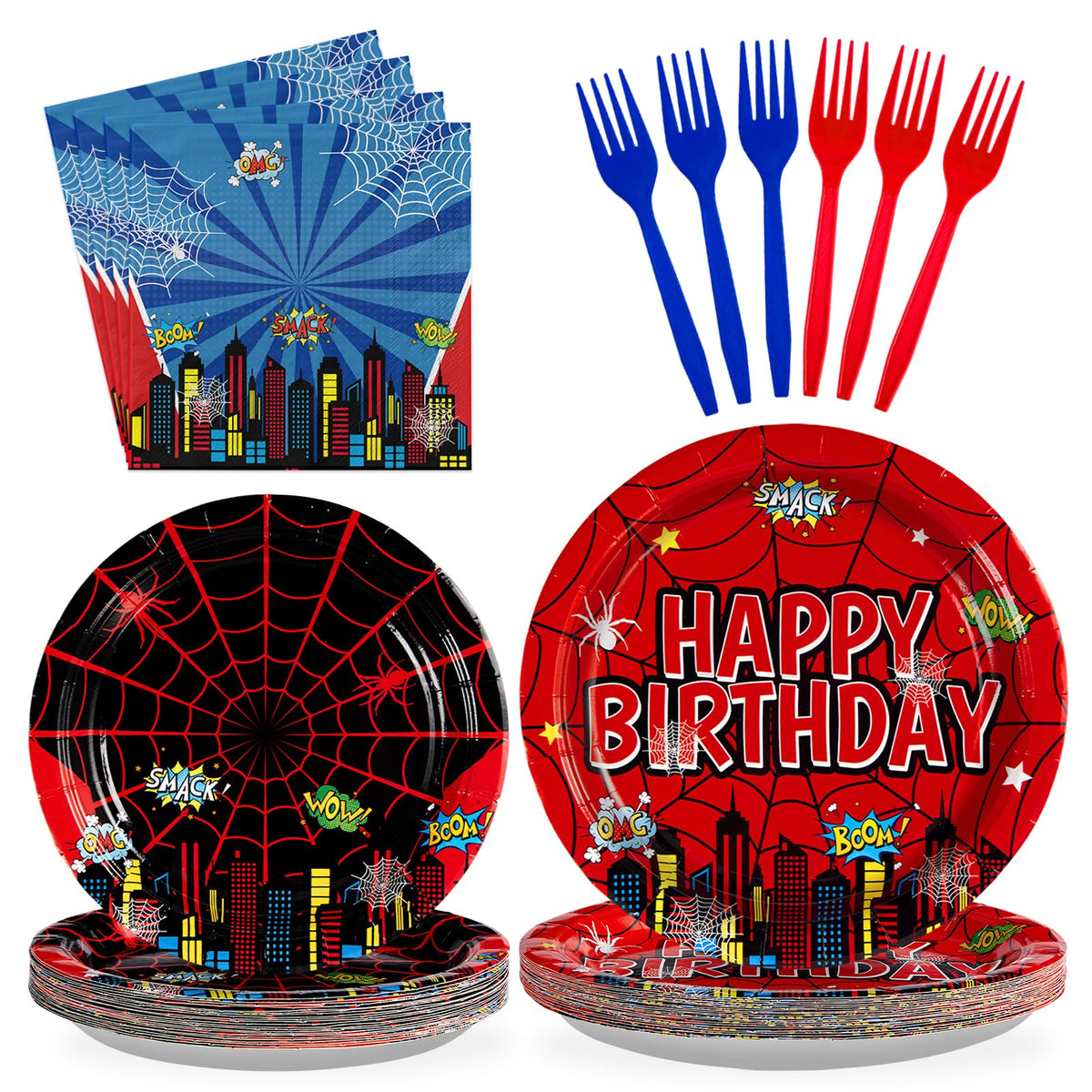 96 Pcs Cartoon Spider Birthday Party Plates and Napkins - Grencian