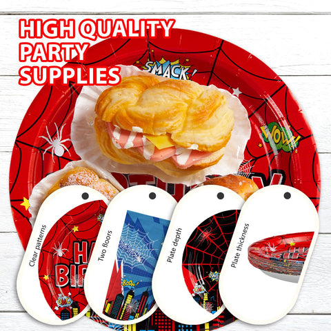 96 Pcs Cartoon Spider Birthday Party Plates and Napkins - Grencian