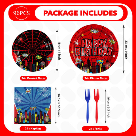 96 Pcs Cartoon Spider Birthday Party Plates and Napkins - Grencian