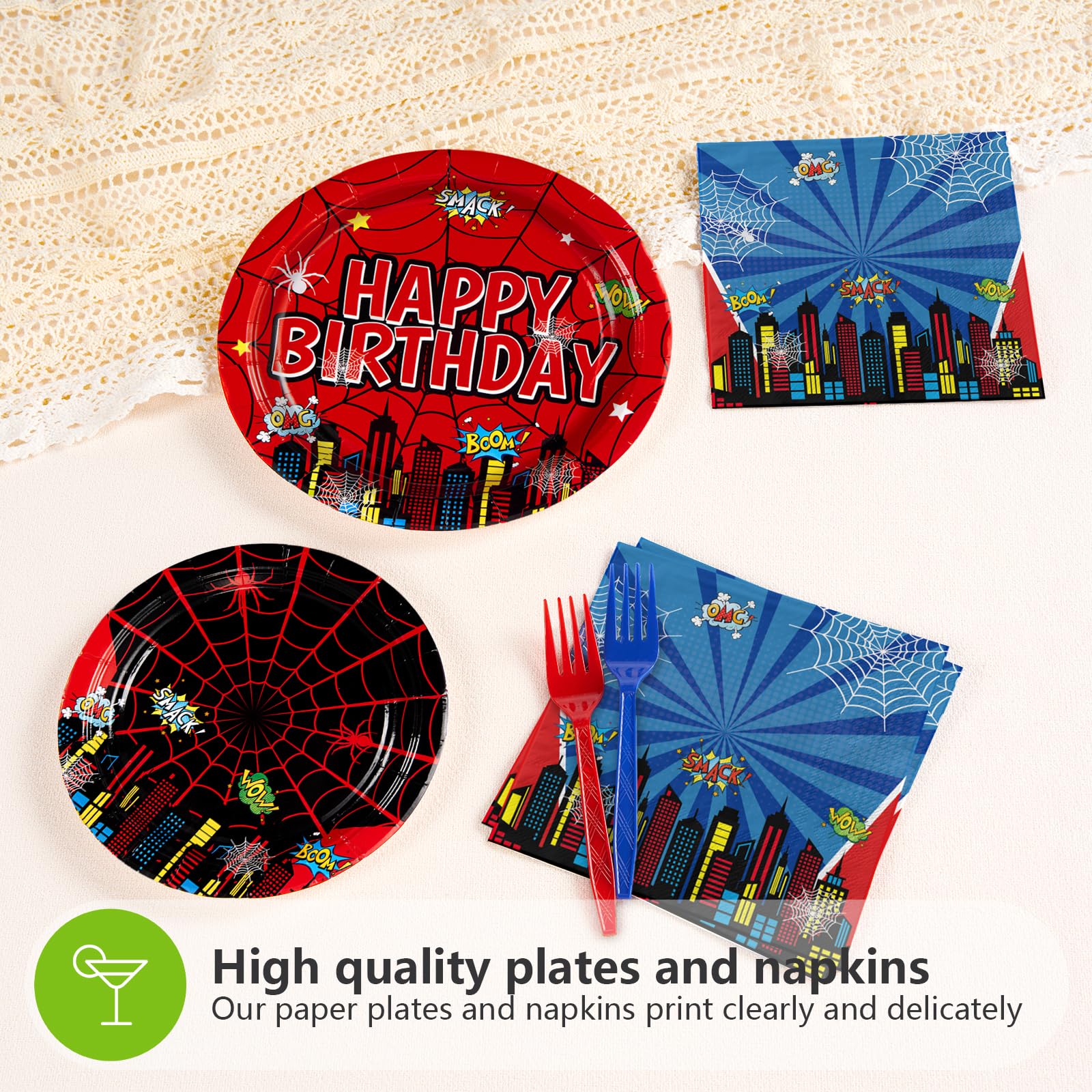 96 Pcs Cartoon Spider Birthday Party Plates and Napkins - Grencian