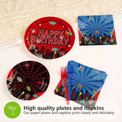 96 Pcs Cartoon Spider Birthday Party Plates and Napkins - Grencian