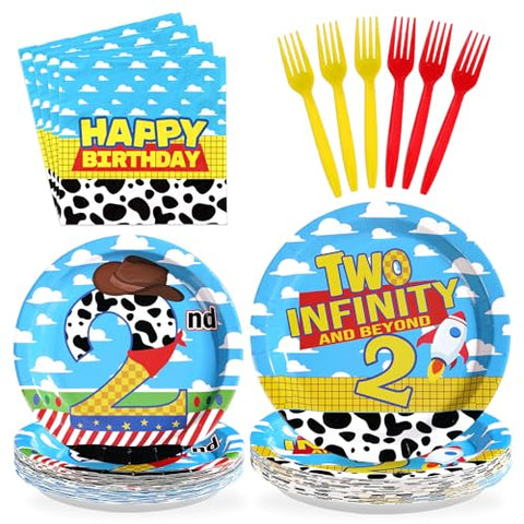 96 Pcs Cartoon Toy 2nd Birthday Party Plates and Napkins - Grencian