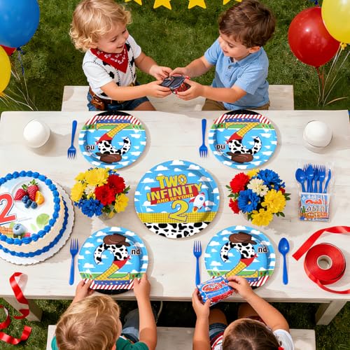 96 Pcs Cartoon Toy 2nd Birthday Party Plates and Napkins - Grencian