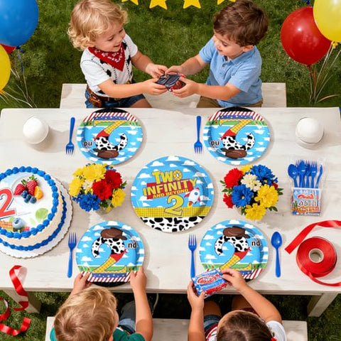 96 Pcs Cartoon Toy 2nd Birthday Party Plates and Napkins - Grencian