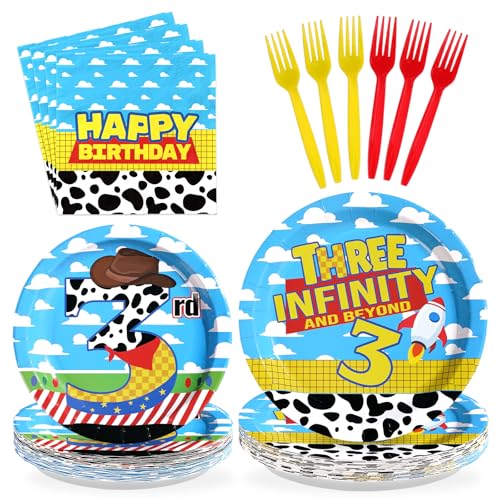 96 Pcs Cartoon Toy 3rd Birthday Party Plates and Napkins - Grencian