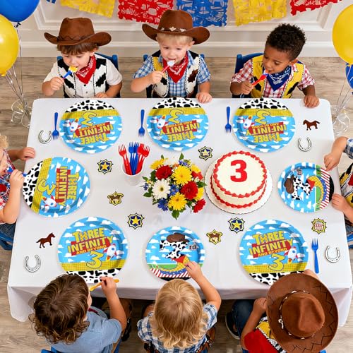 96 Pcs Cartoon Toy 3rd Birthday Party Plates and Napkins - Grencian