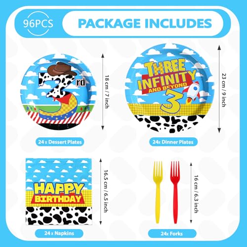 96 Pcs Cartoon Toy 3rd Birthday Party Plates and Napkins - Grencian