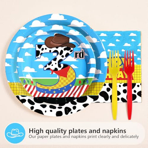 96 Pcs Cartoon Toy 3rd Birthday Party Plates and Napkins - Grencian