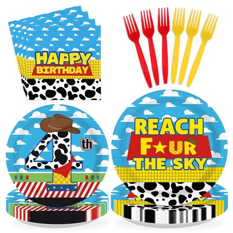 96 Pcs Cartoon Toy 4th Birthday Party Plates and Napkins - Grencian