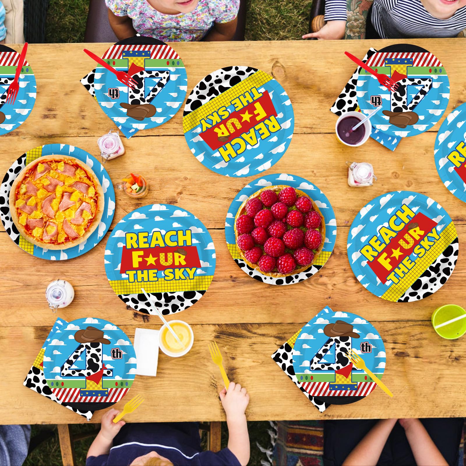 96 Pcs Cartoon Toy 4th Birthday Party Plates and Napkins - Grencian