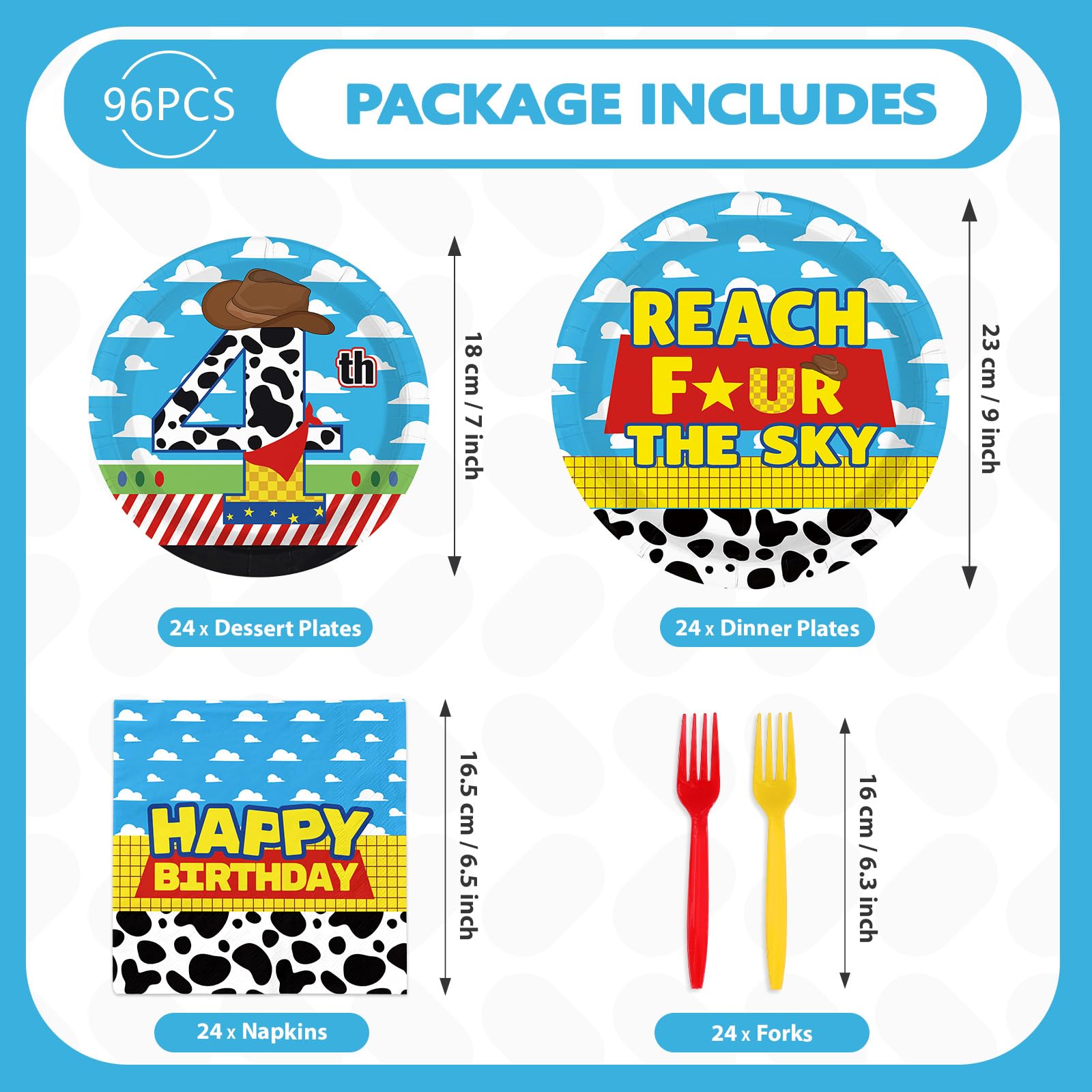 96 Pcs Cartoon Toy 4th Birthday Party Plates and Napkins - Grencian