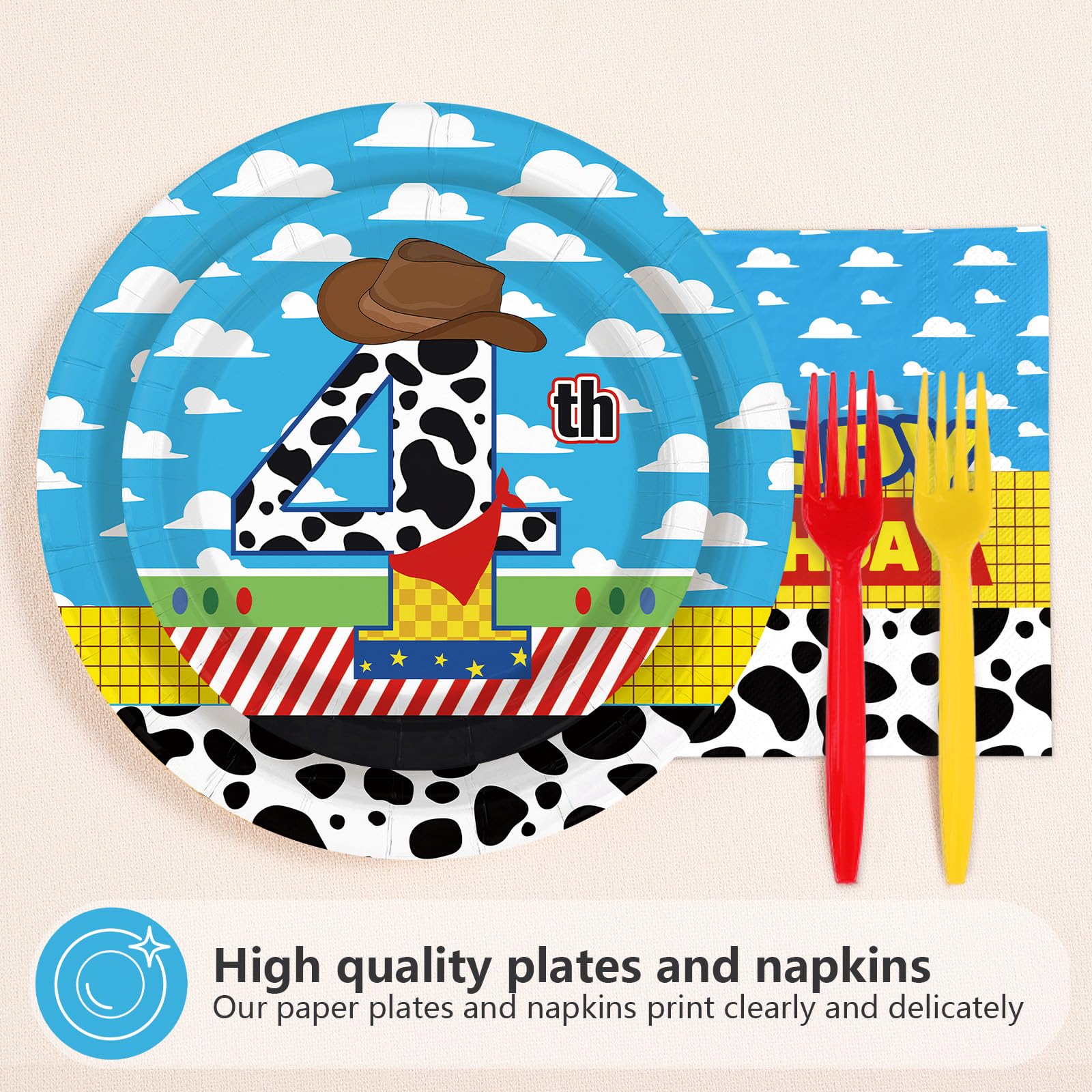 96 Pcs Cartoon Toy 4th Birthday Party Plates and Napkins - Grencian