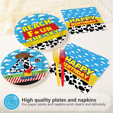 96 Pcs Cartoon Toy 4th Birthday Party Plates and Napkins - Grencian