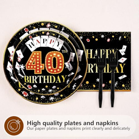 96 Pcs Casino 40th Birthday Party Plates and Napkins - Grencian
