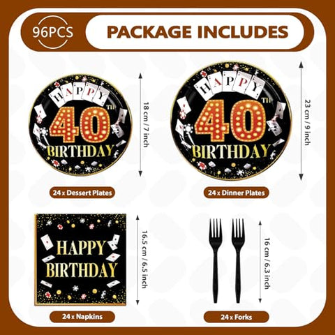 96 Pcs Casino 40th Birthday Party Plates and Napkins - Grencian
