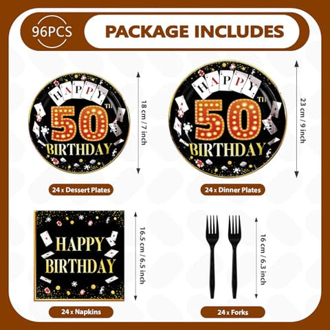 96 Pcs Casino 50th Birthday Party Plates and Napkins - Grencian