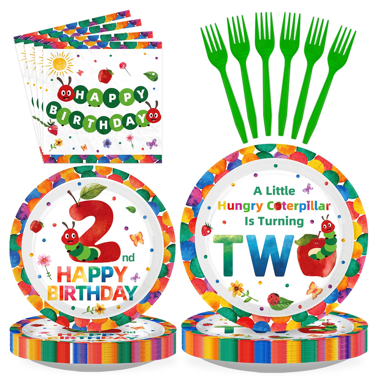 96 Pcs Caterpillar 2nd Birthday Party Plates and Napkins - Grencian