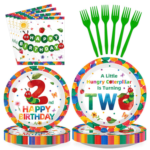 96 Pcs Caterpillar 2nd Birthday Party Plates and Napkins - Grencian