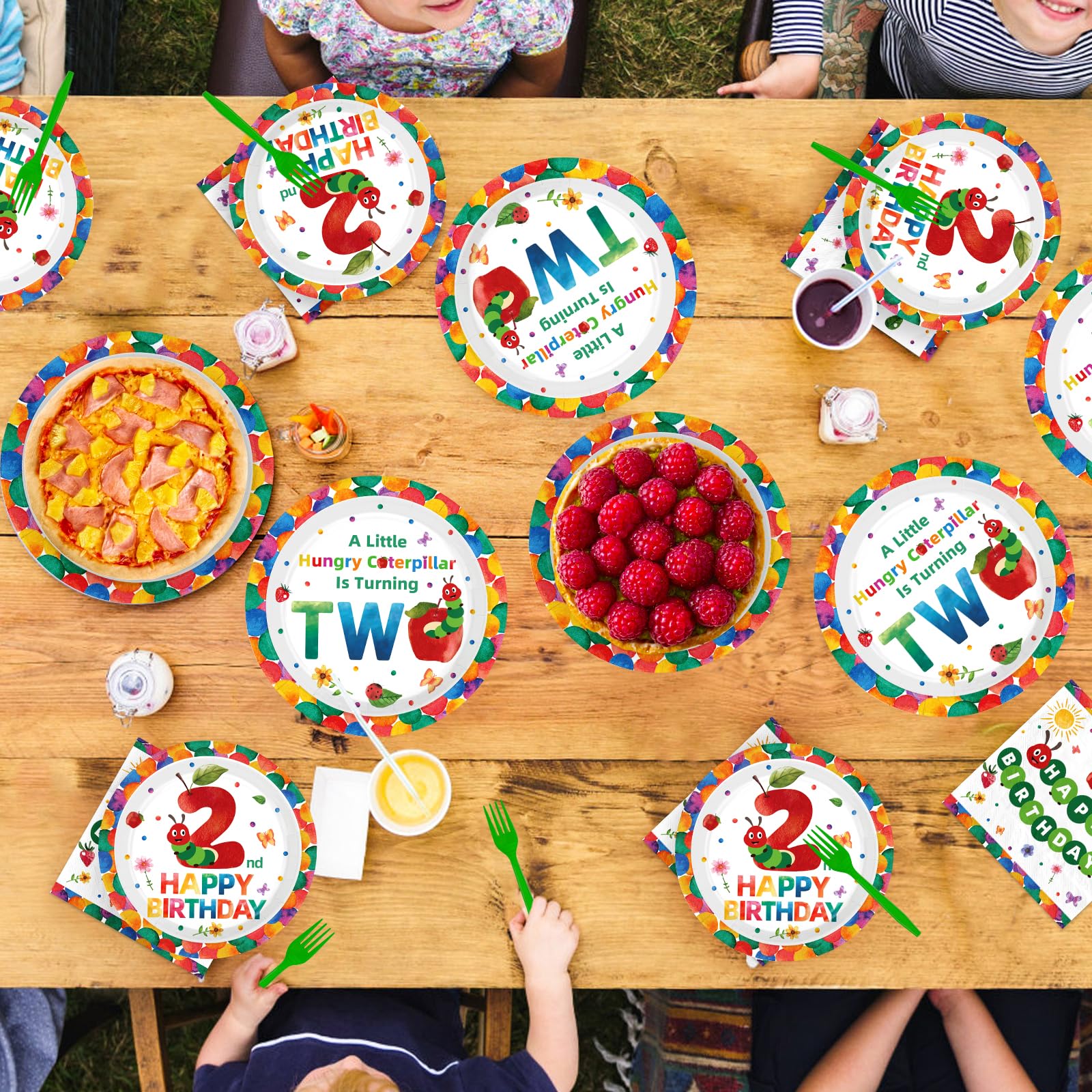 96 Pcs Caterpillar 2nd Birthday Party Plates and Napkins - Grencian
