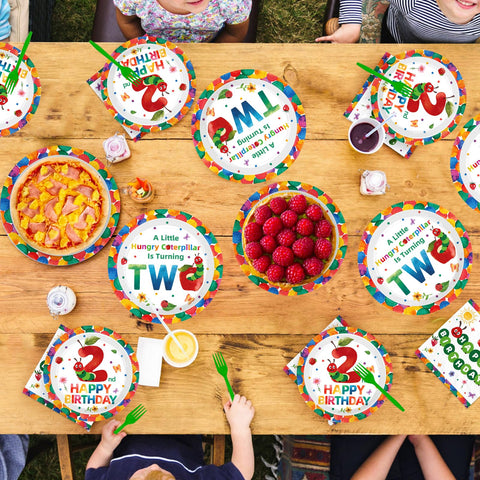 96 Pcs Caterpillar 2nd Birthday Party Plates and Napkins - Grencian