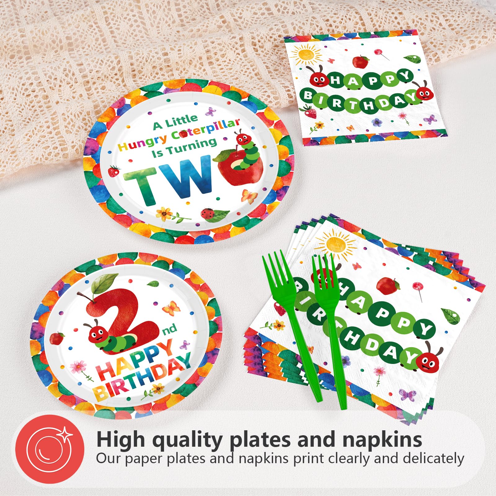 96 Pcs Caterpillar 2nd Birthday Party Plates and Napkins - Grencian