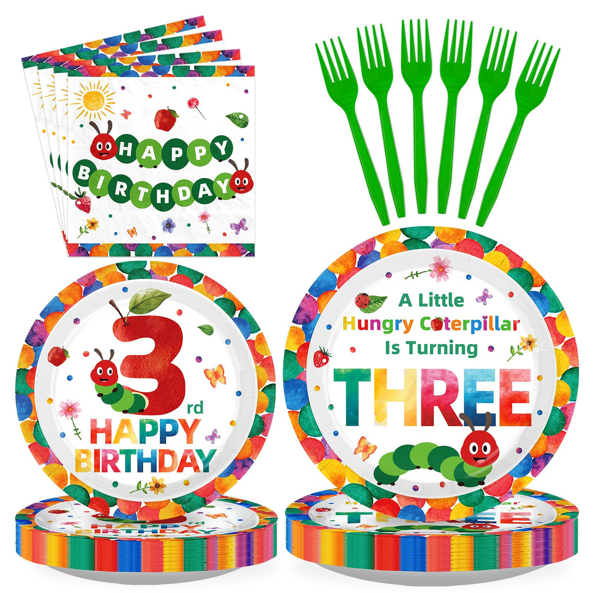 96 Pcs Caterpillar 3rd Birthday Party Plates and Napkins - Grencian
