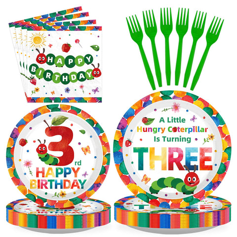 96 Pcs Caterpillar 3rd Birthday Party Plates and Napkins - Grencian