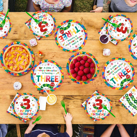 96 Pcs Caterpillar 3rd Birthday Party Plates and Napkins - Grencian