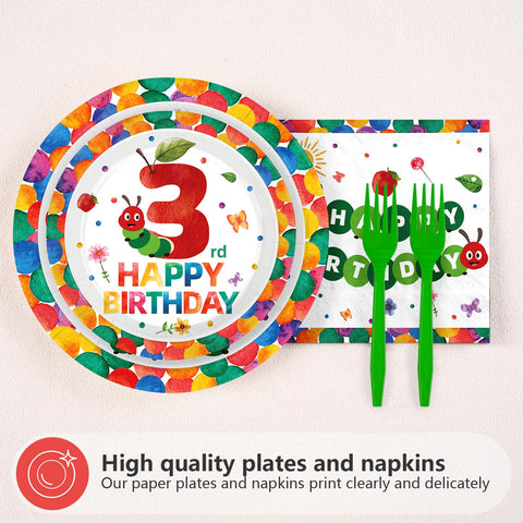 96 Pcs Caterpillar 3rd Birthday Party Plates and Napkins - Grencian