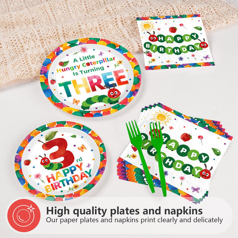 96 Pcs Caterpillar 3rd Birthday Party Plates and Napkins - Grencian