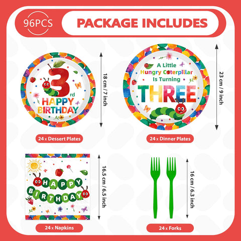 96 Pcs Caterpillar 3rd Birthday Party Plates and Napkins - Grencian
