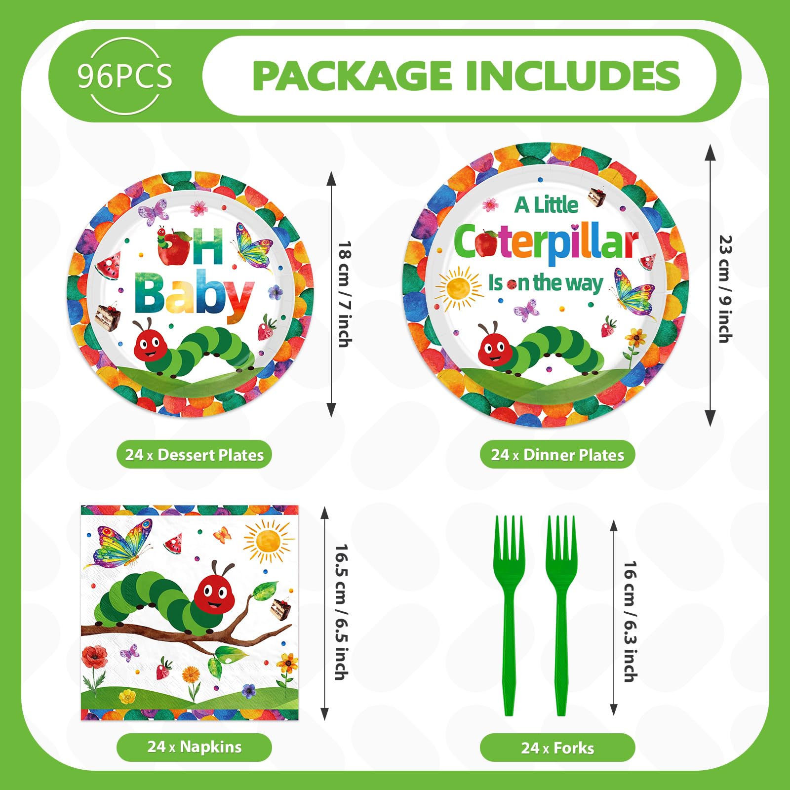 96 Pcs Caterpillar Baby Shower Party Plates and Napkins - Grencian