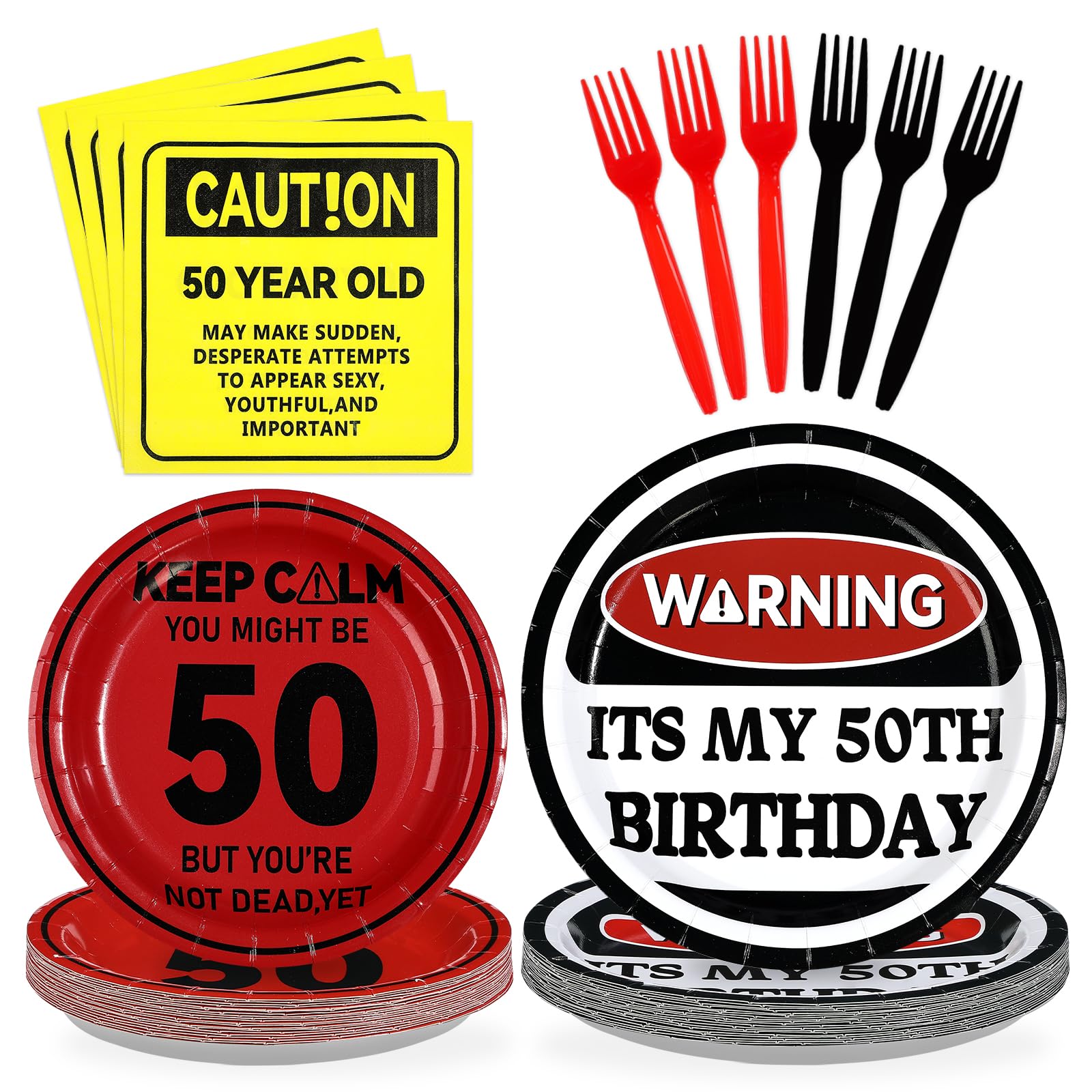 96 Pcs Caution Logos 50th Birthday Party Plates and Napkins - Grencian