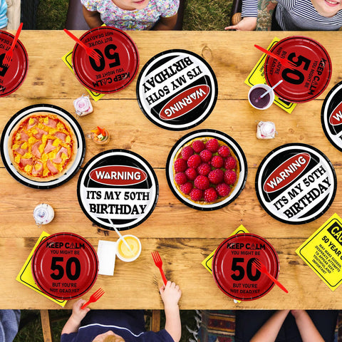 96 Pcs Caution Logos 50th Birthday Party Plates and Napkins - Grencian